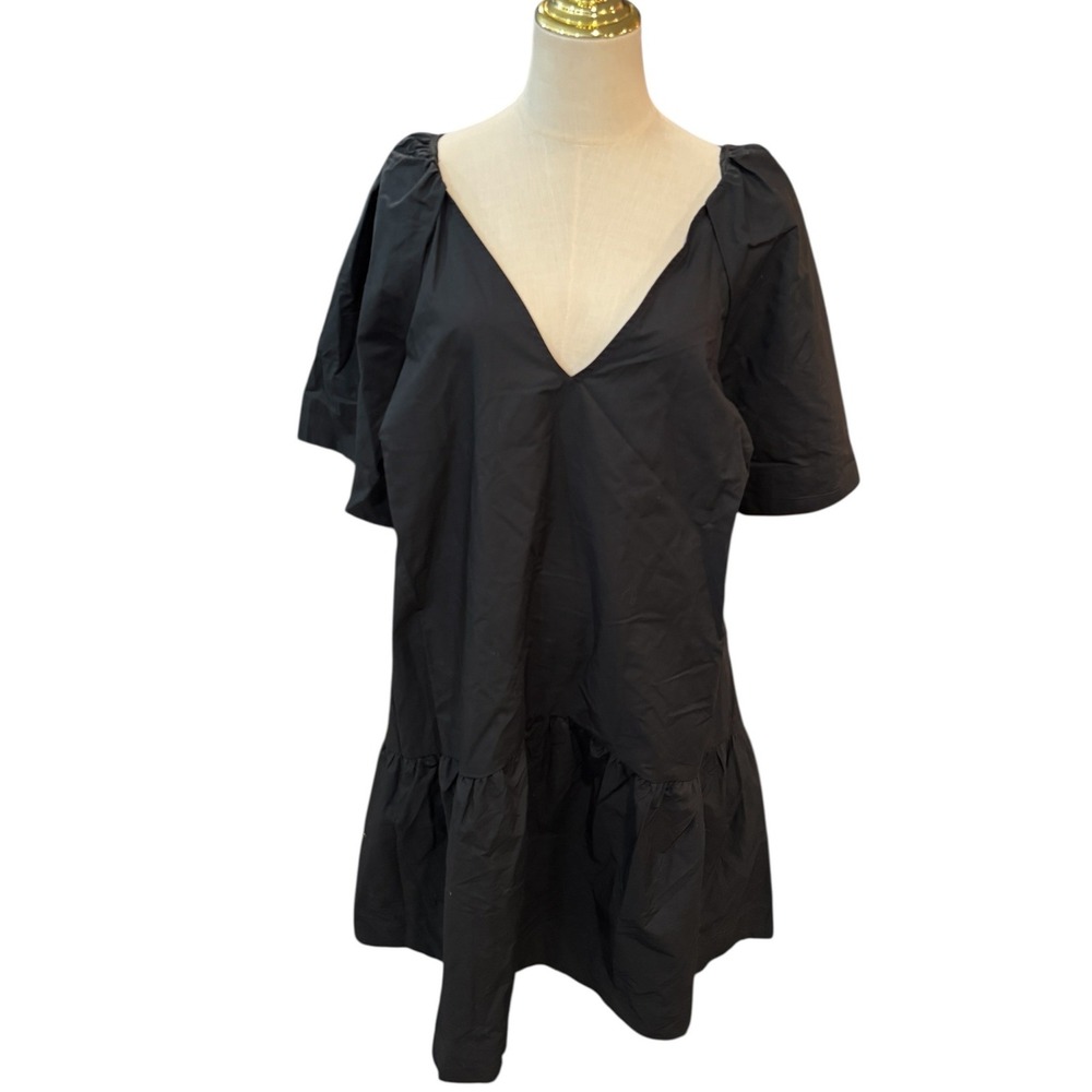 A New Day Women XXL Black Cotton Poplin Puff Sleeve V-Neck Tiered Mini Dress NWT